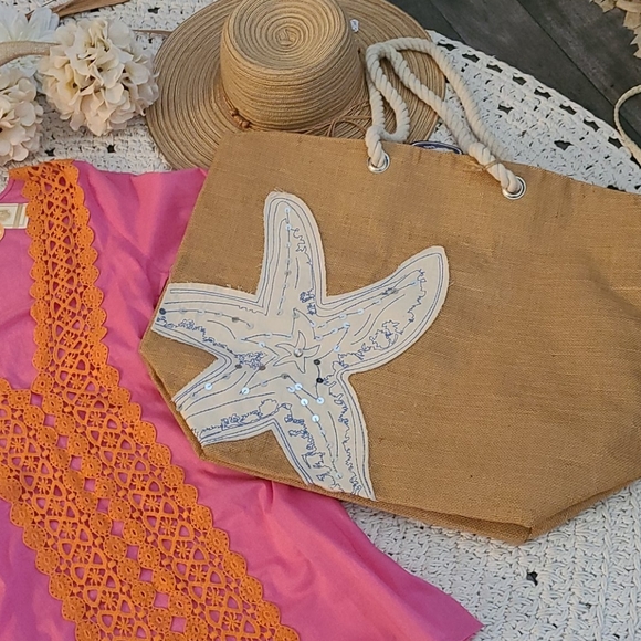 SALE NWOT LG BLUE WHITE STARFISH BEACH BURLAP BAG - Picture 10 of 16